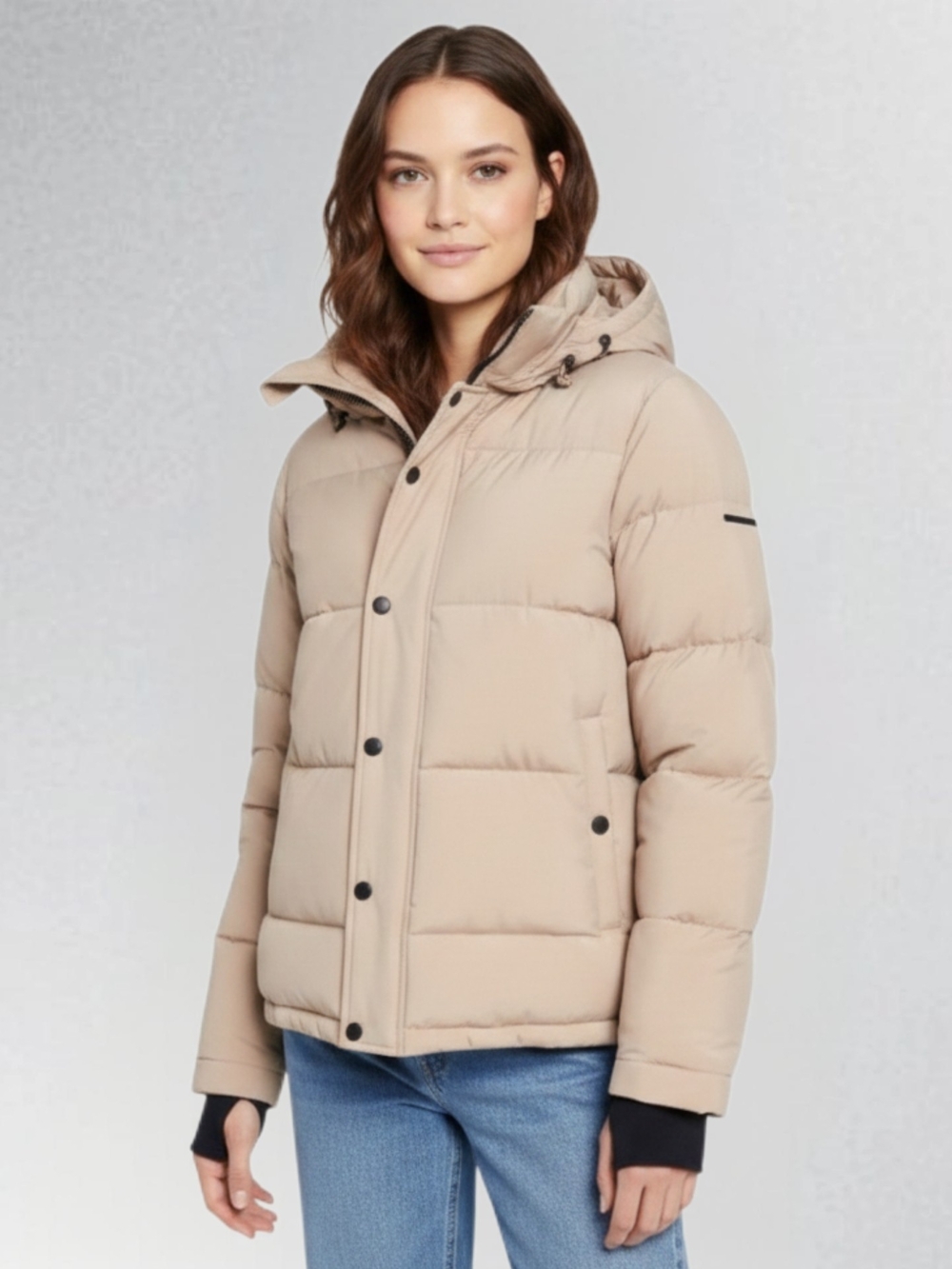 BCBG Womens Medium Hooded Puffer Jacket THUMBHOLE Cuffs Beige Mushroom Insulated